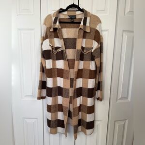 Plaid Open-Front Cardigan - Brown and White